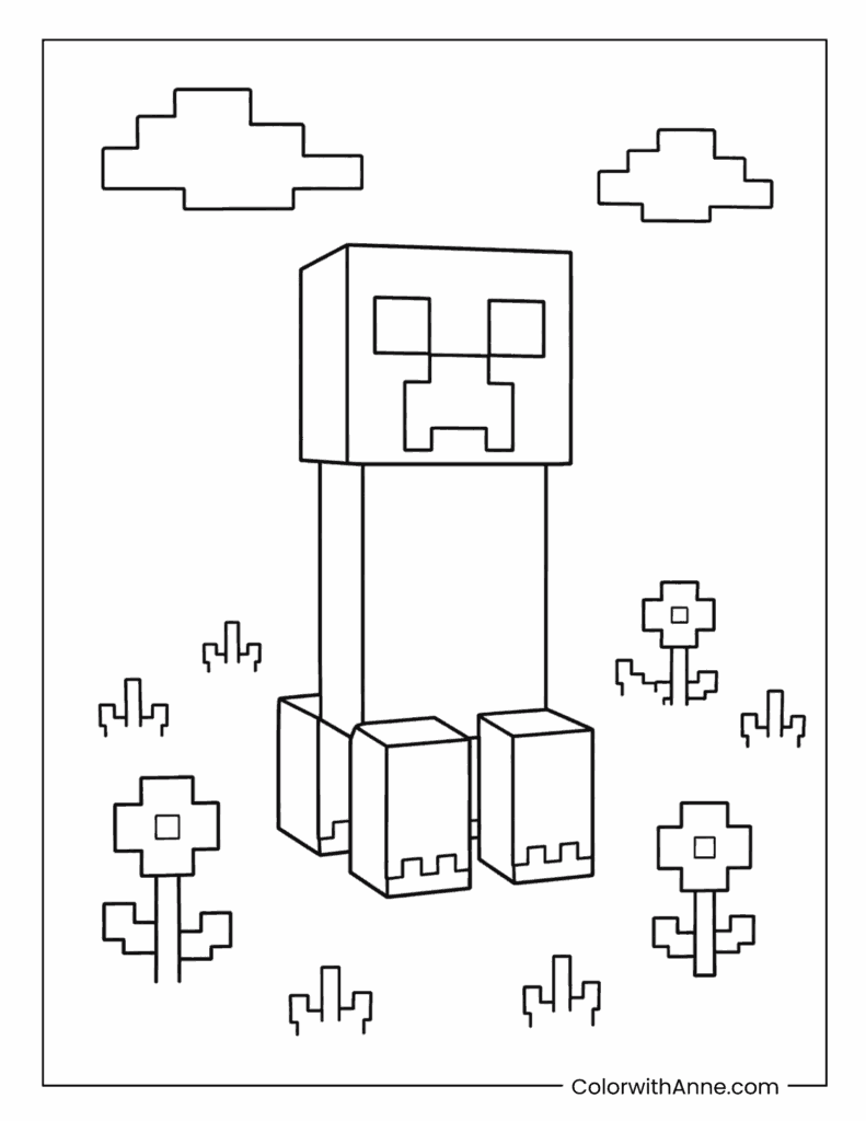 Minecraft Creeper Standing With Flowers Coloring Page