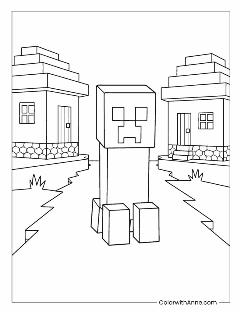Minecraft Creeper Walking Through Village Coloring Page