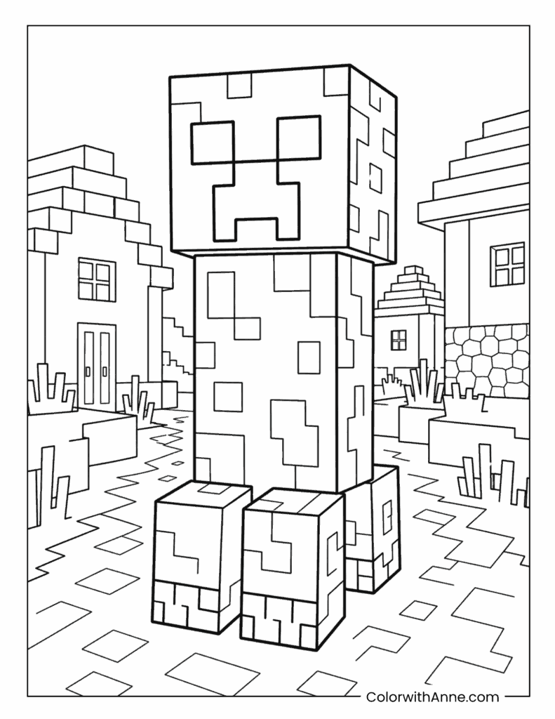 Minecraft Creeper Walking Through Village Street Coloring Page