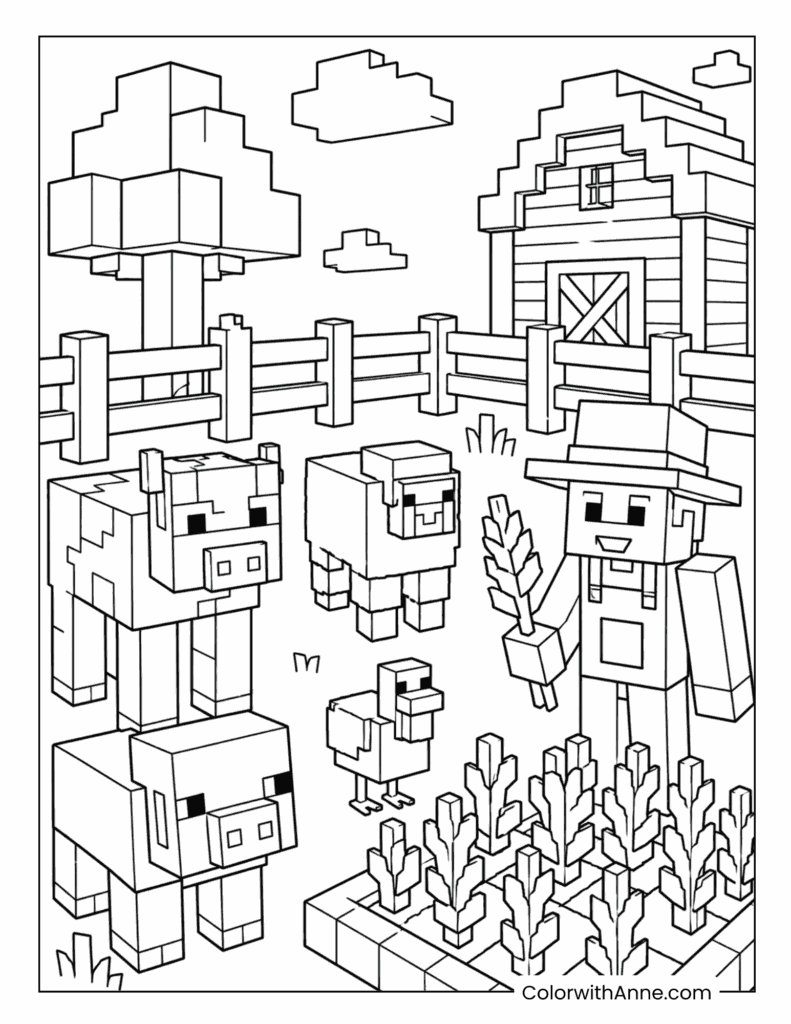 Minecraft Farmer Taking Care of Farm Animals Coloring Page