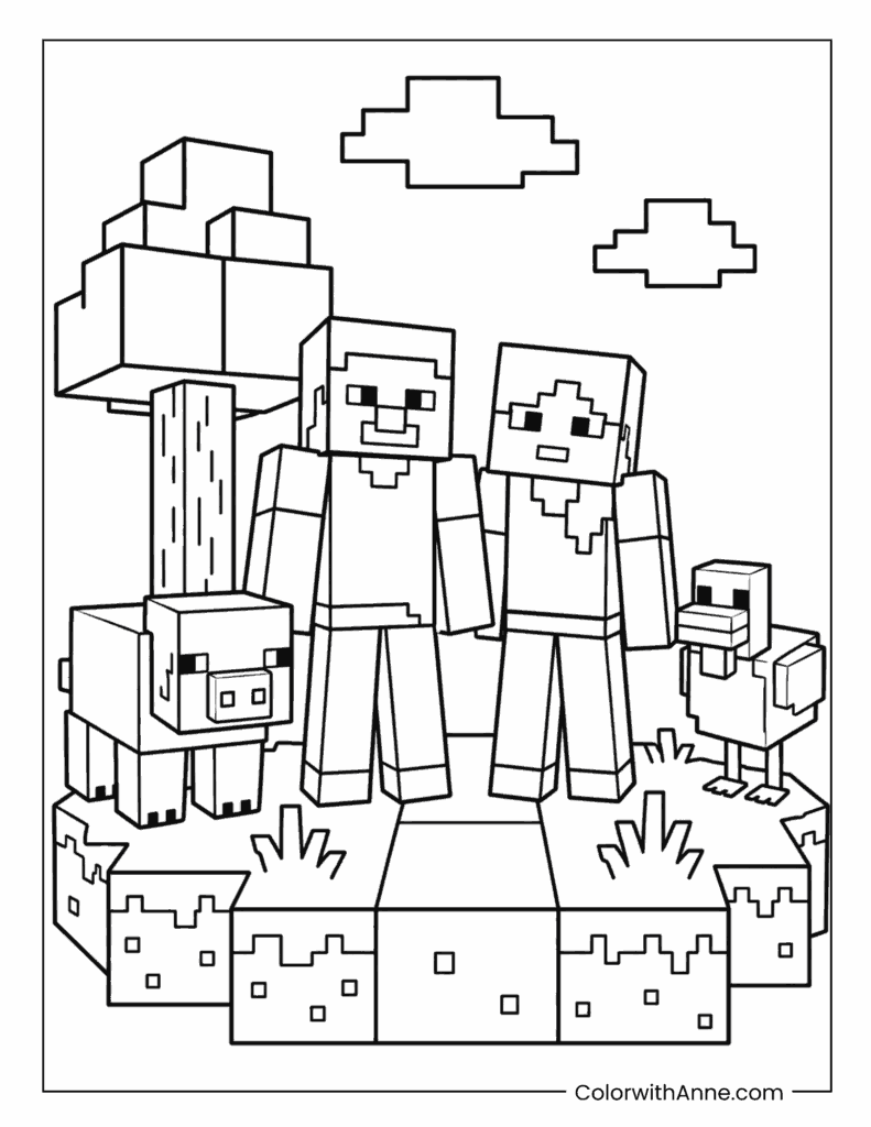 Minecraft Friends Steve and Alex with a Pig and Chicken Coloring Page