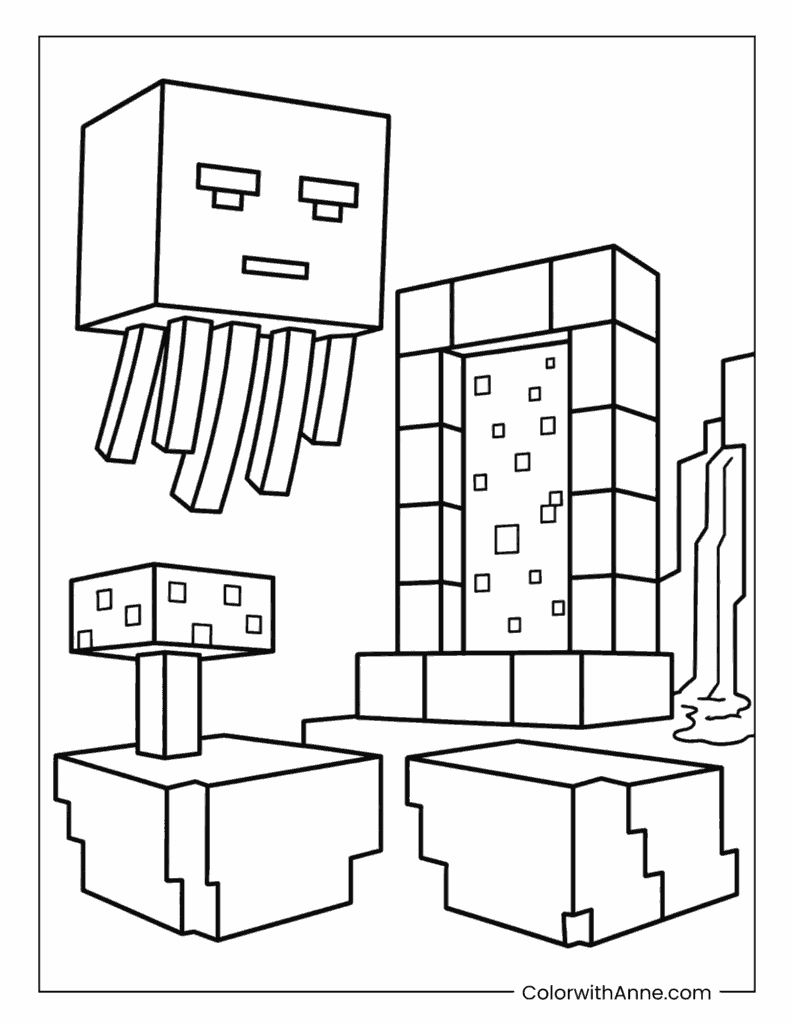 Minecraft Ghast Floating Near a Nether Portal Coloring Page