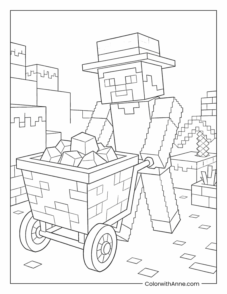Minecraft Miner Pushing a Minecart Coloring Page