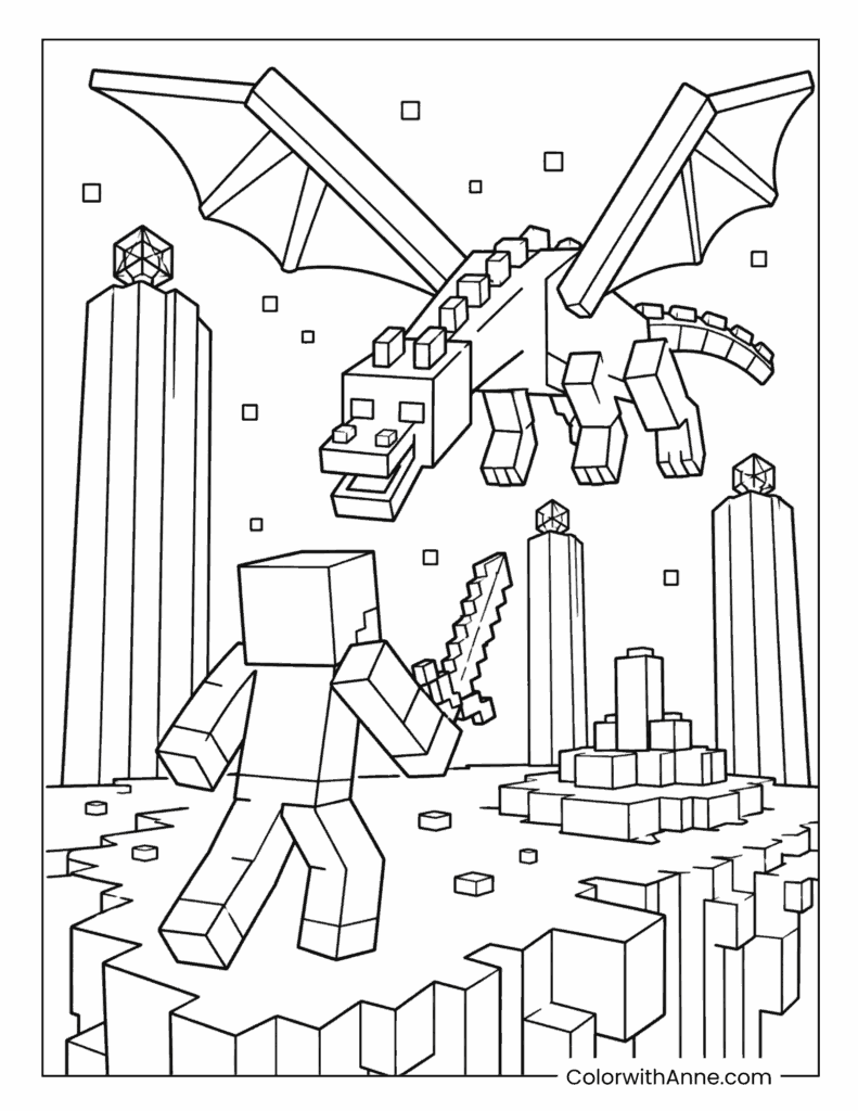 Minecraft Player Battling the Flying Ender Dragon Coloring Page