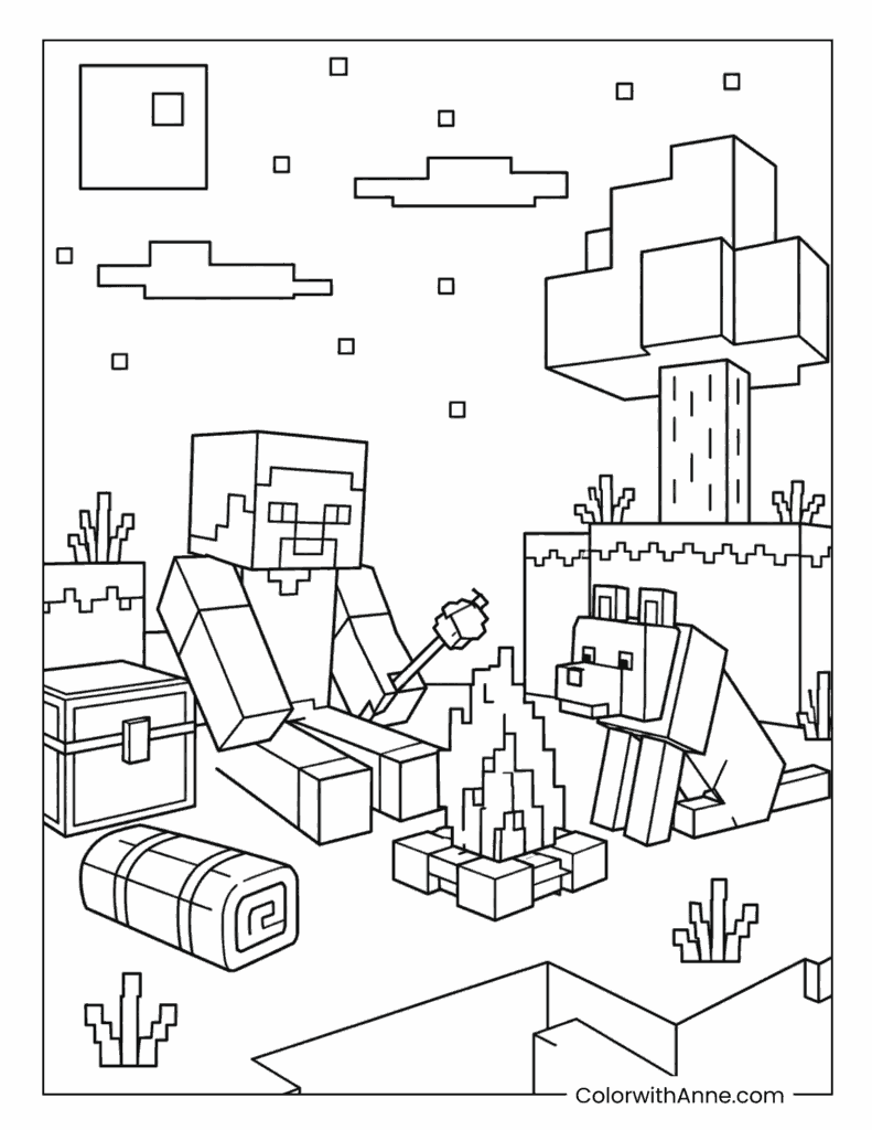 Minecraft Player Camping with a Wolf by the Campfire Coloring Page