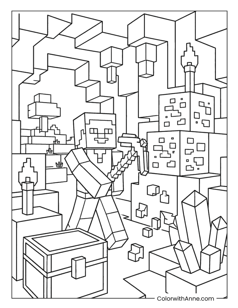 Minecraft Player Mining Crystals Near a Treasure Chest Coloring Page
