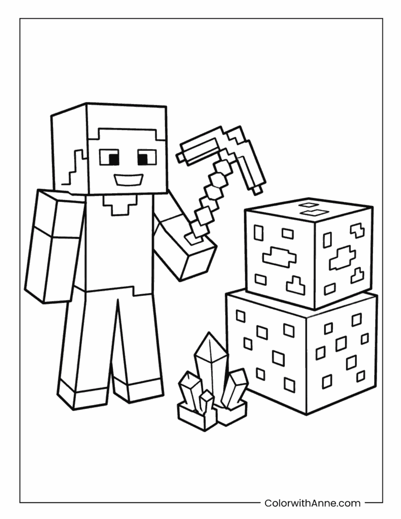 Minecraft Player Mining Ore with a Pickaxe Coloring Page