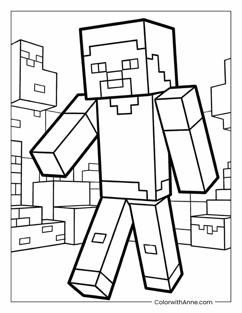 Minecraft Scene with Steve in a Blocky Town Coloring Page