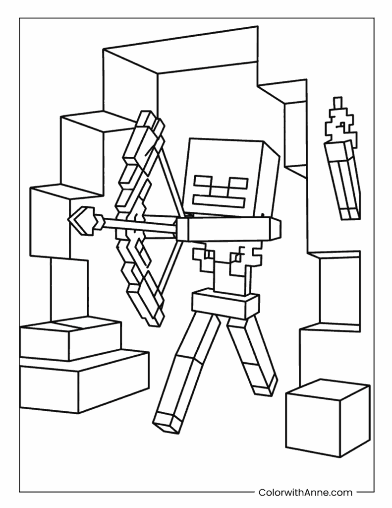 Minecraft Skeleton Archer Exploring a Blocky Cave Coloring Page