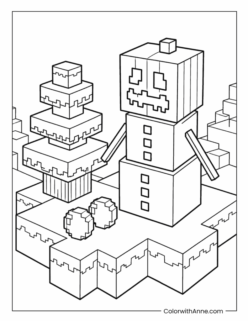 Minecraft Snow Golem in a Winter Wonderland Coloring Page