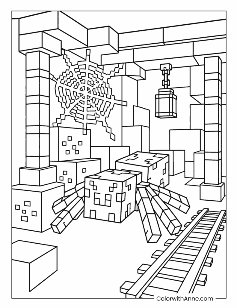 Minecraft Spider Crawling Through an Abandoned Mineshaft Coloring Page