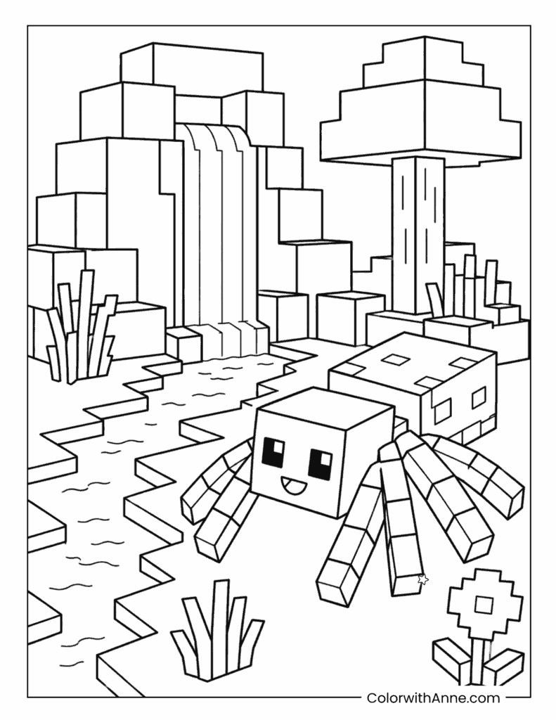 Minecraft Spider Exploring a Waterfall Forest Coloring Page