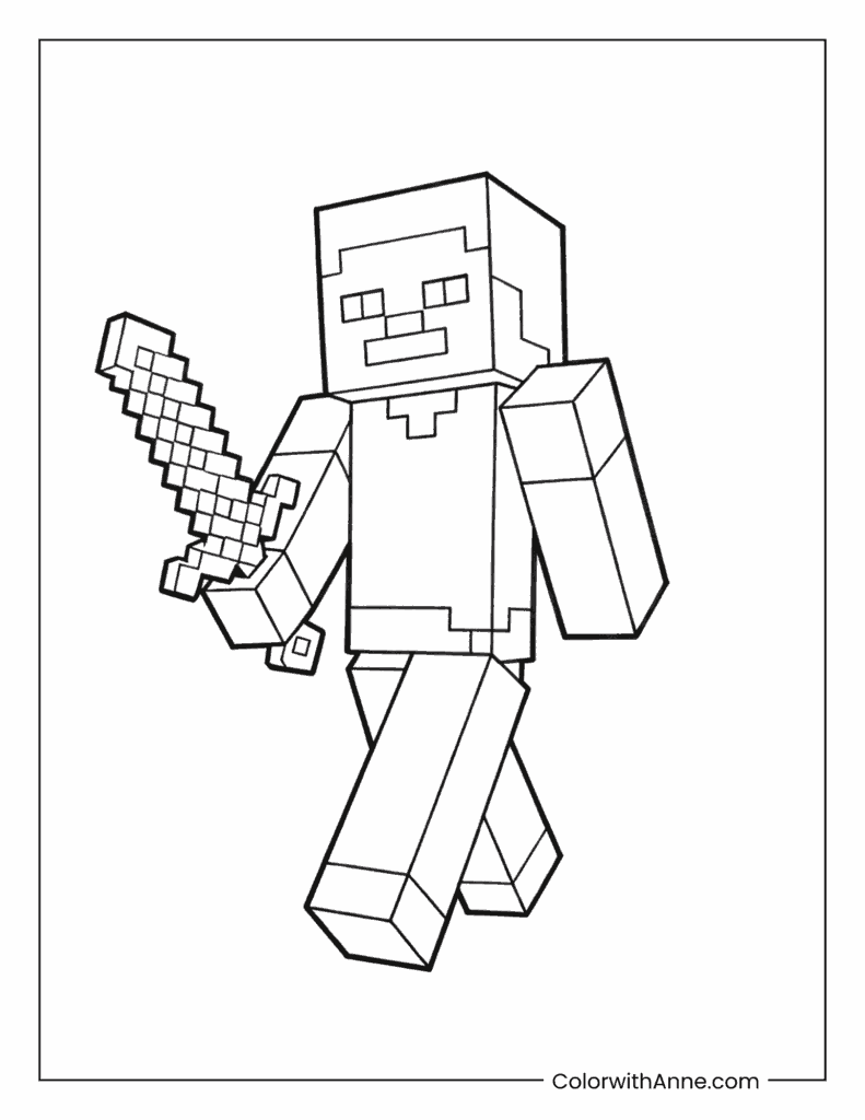 Minecraft Steve Holding a Diamond Sword Coloring Page