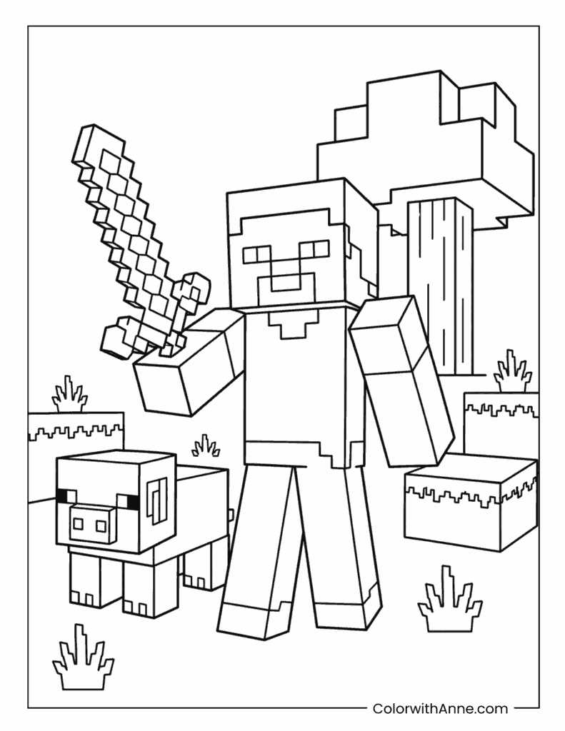Minecraft Steve Holding a Sword with a Pig Coloring Page