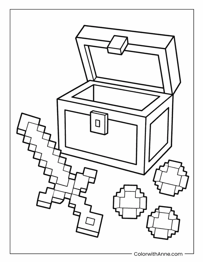 Minecraft Treasure Chest with a Sword and Items Coloring Page