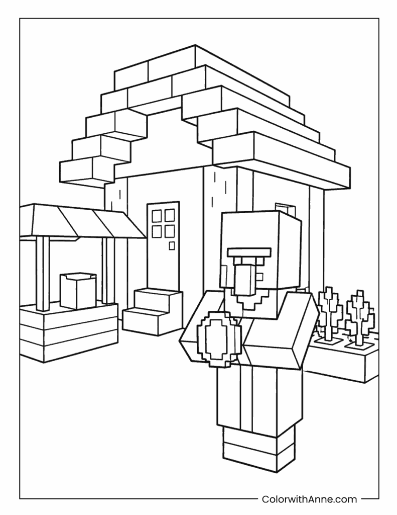 Minecraft Villager Holding an Emerald in the Village Coloring Page
