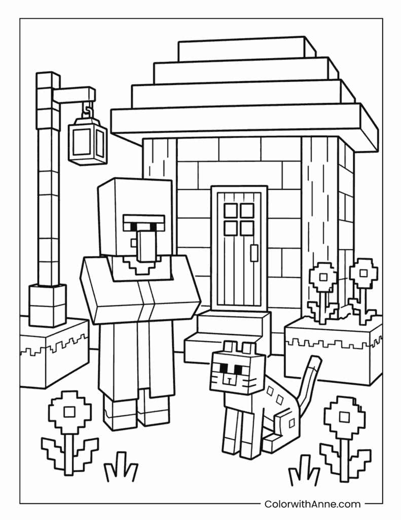 Minecraft Villager with a Cat Outside the House Coloring Page