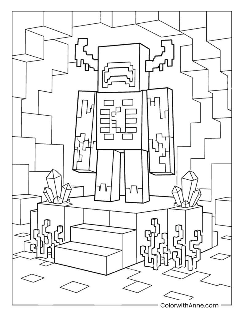 Minecraft Warden Guarding a Crystal Cave Coloring Page