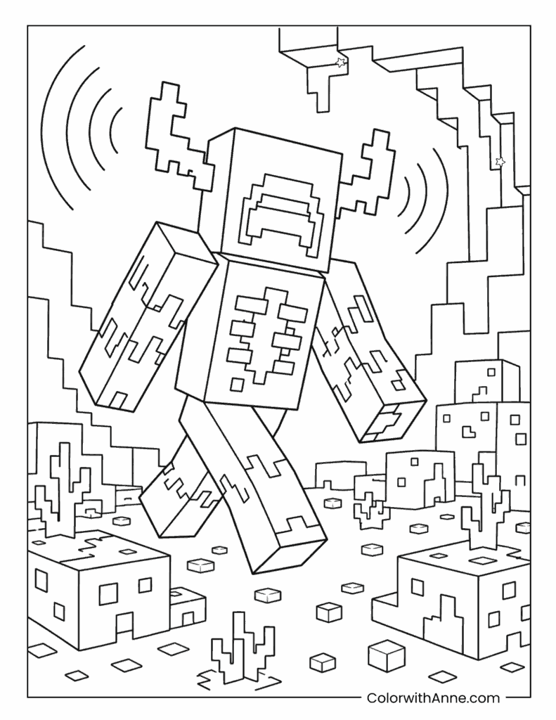 Minecraft Warden Roaring in the Deep Dark Cave Coloring Page