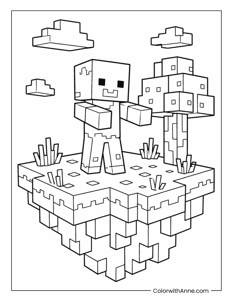 Minecraft Zombie Exploring a Floating Island Coloring Page