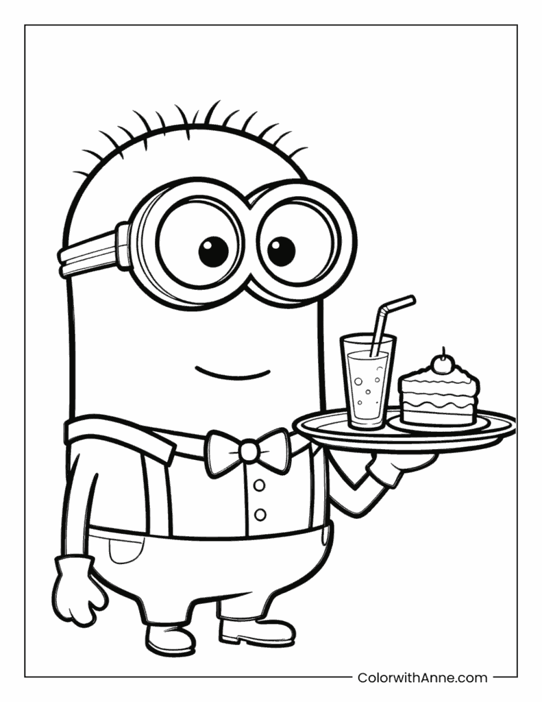 Minion Waiter with Cake and Drink Coloring Page