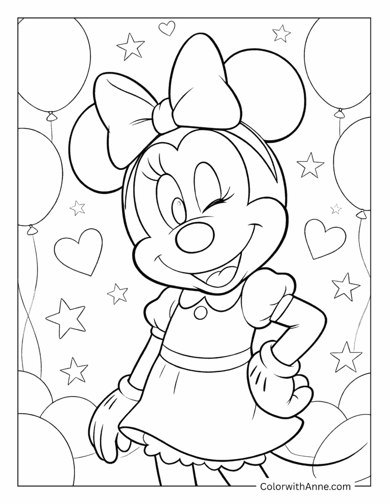 Minnie Mouse with Balloons, Stars, and Hearts Coloring Page