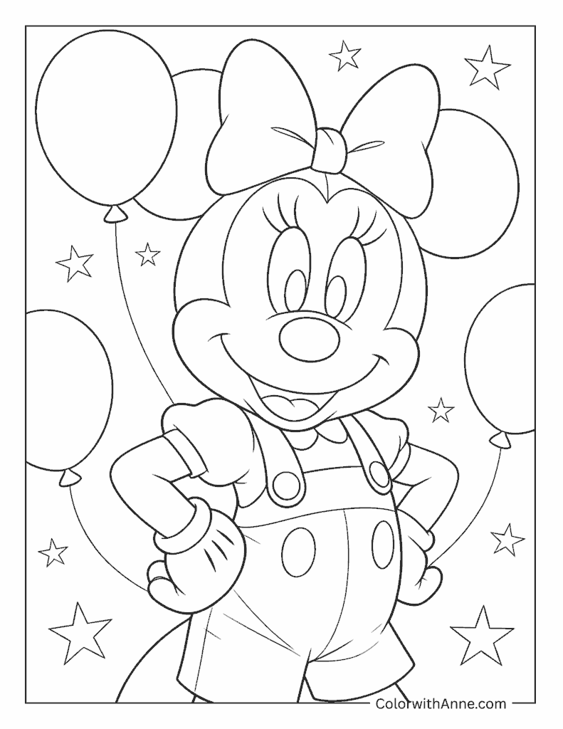 Minnie Mouse with Balloons and Stars Coloring Page