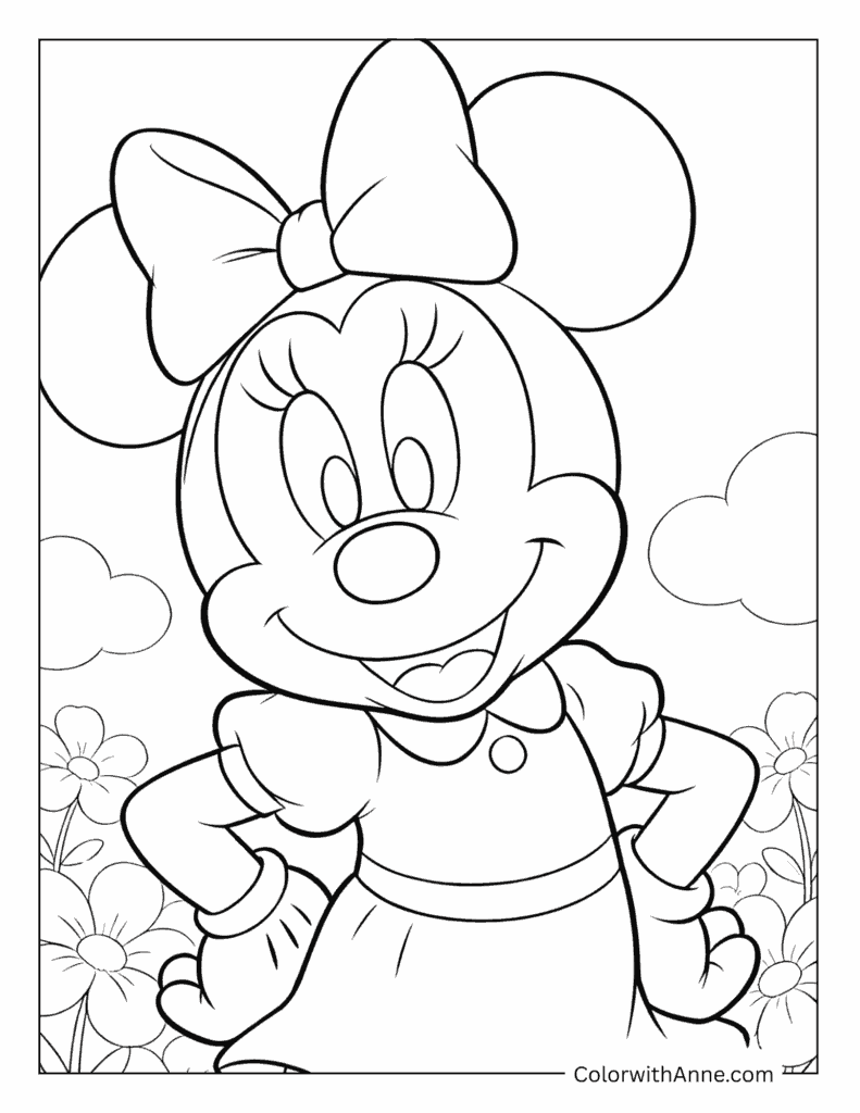 Minnie Mouse with Clouds and Flowers Coloring Page