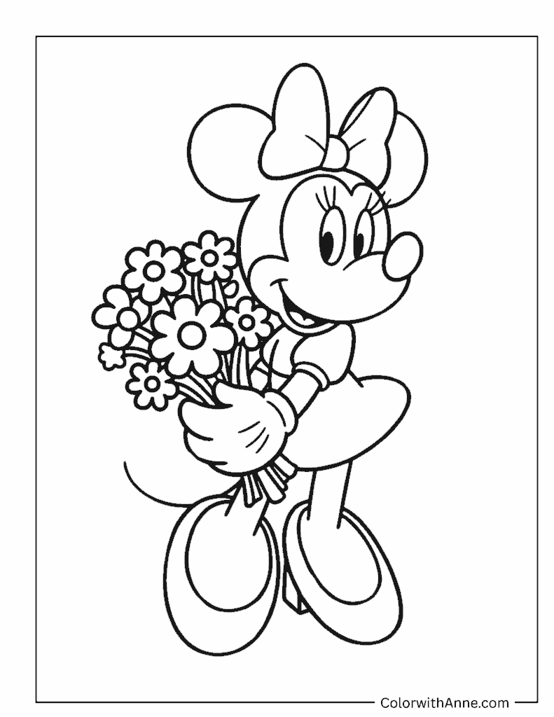Minnie Mouse with Flowers Coloring Page