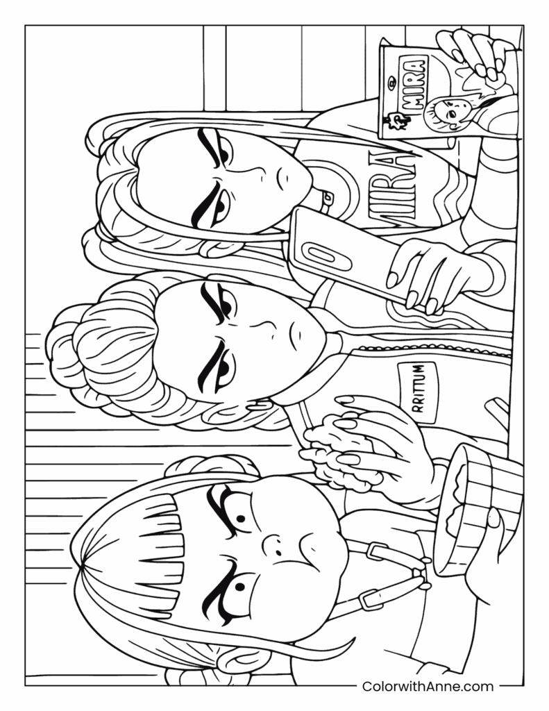 Mira, Rumi, and Zoey Snack Break Coloring Page