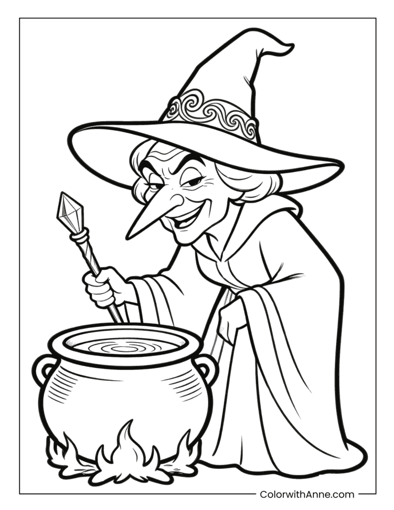 Mischievous Witch Stirring Bubbling Cauldron Coloring Page