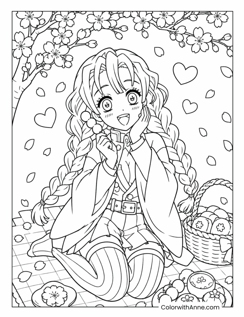 Mitsuri Having a Cherry Blossom Picnic Coloring Page