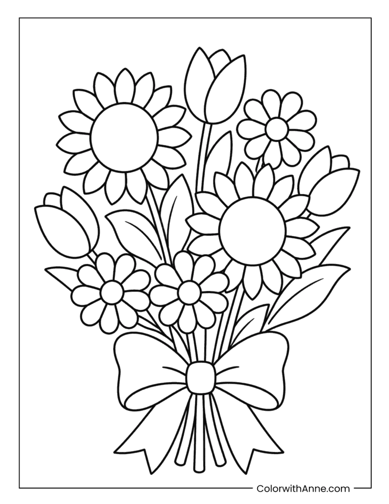Mixed Spring Flower Bouquet with Bow Coloring Page