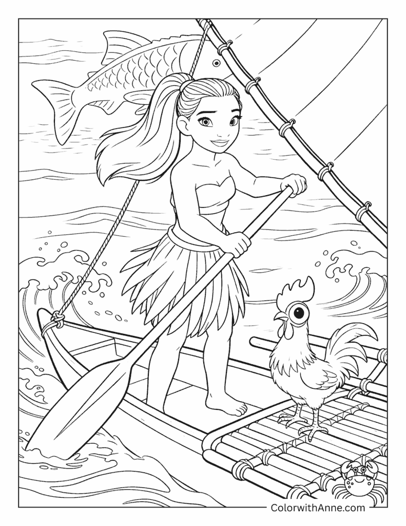 Moana Sailing with Heihei Coloring Page