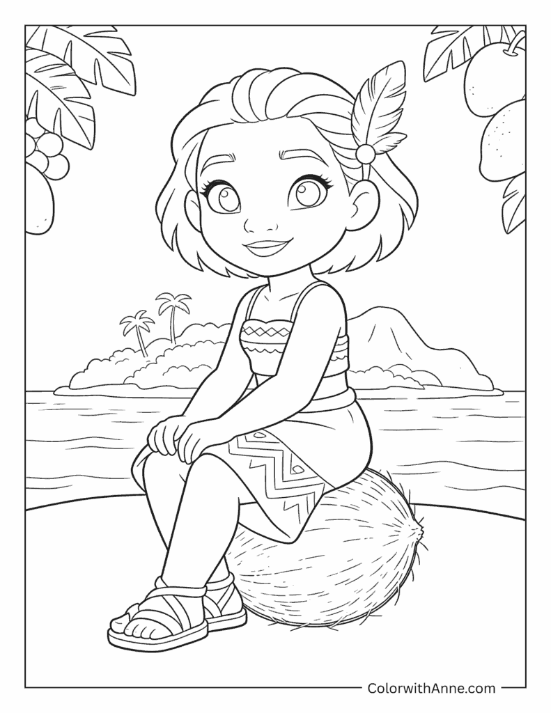 Moana Sitting on the Beach Coloring Page