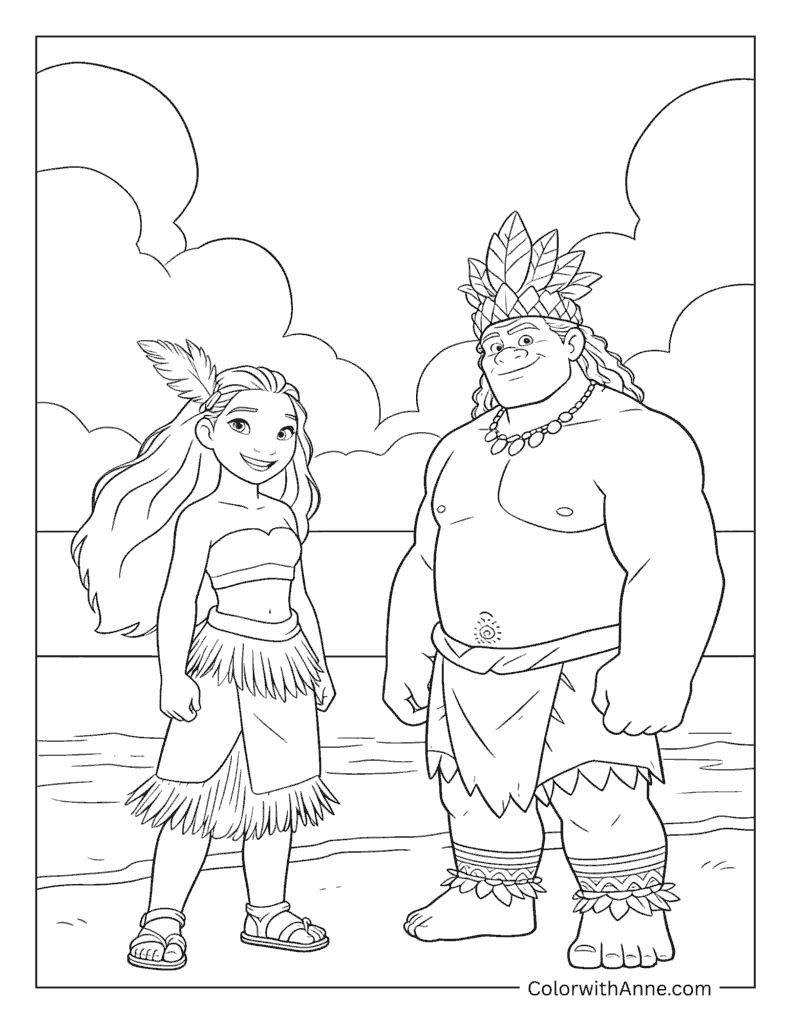 Moana and Maui on the Shore Coloring Page
