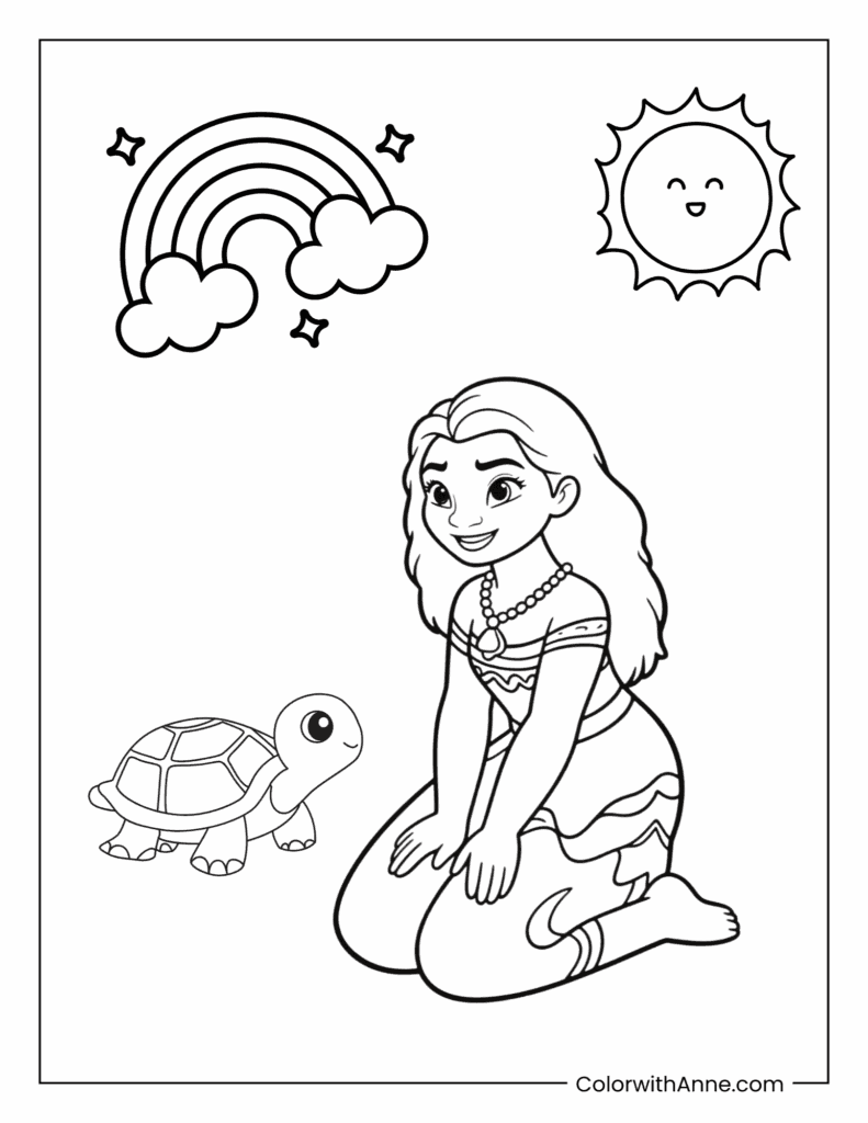 Moana and Turtle Coloring Page