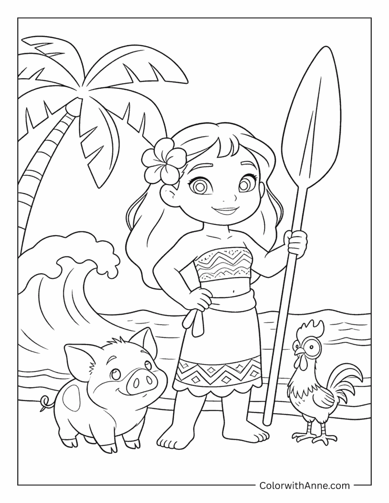 Moana with Pua and Heihei Coloring Page