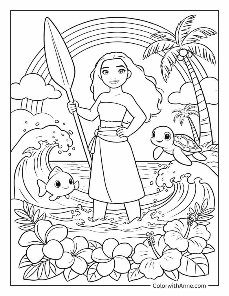 Moana with Rainbow and Sea Creatures Coloring Page