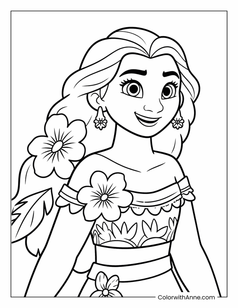 Moana with Tropical Flowers Coloring Page