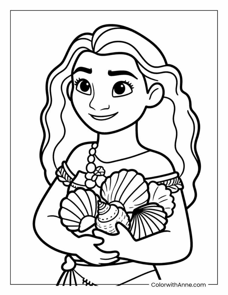 Moana with a Seashell Collection Coloring Page