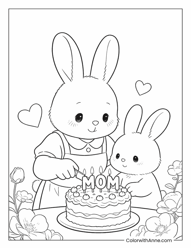Mom's Birthday Cake Bunnies Coloring Page