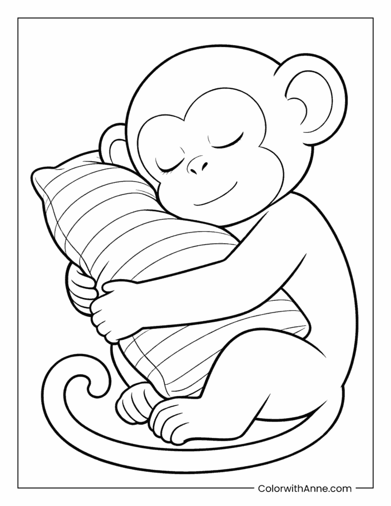 Monkey Cozily Sleeping with Pillow Coloring Page