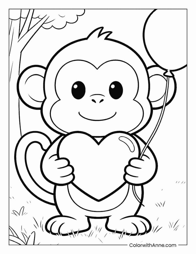 Monkey Holding a Heart and Balloon Coloring Page