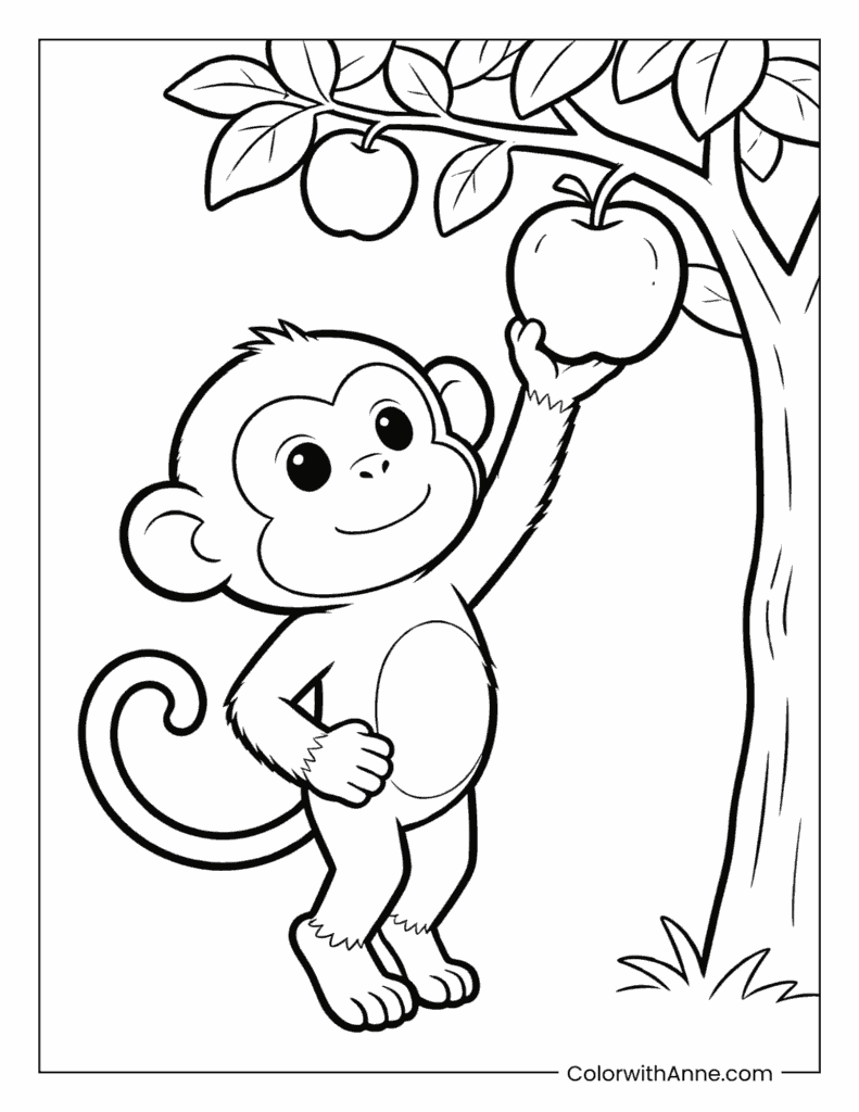 Monkey Reaching for an Apple Coloring Page