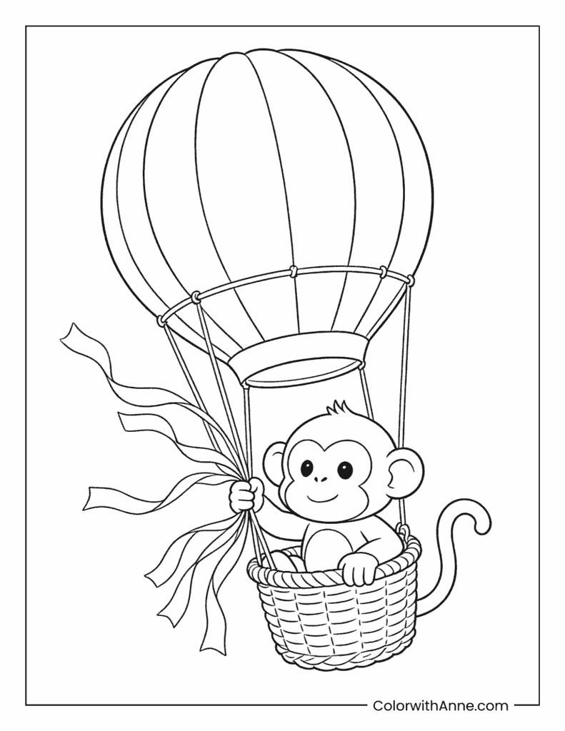 Monkey Riding a Hot Air Balloon Coloring Page