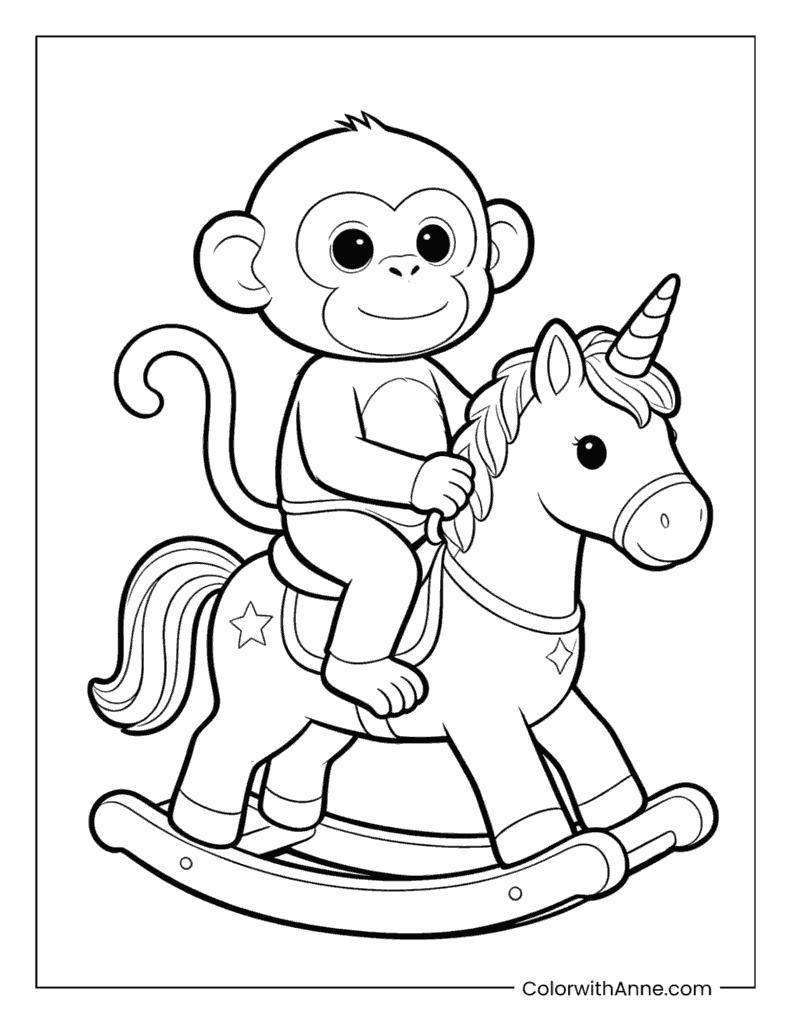 Monkey Riding a Rocking Horse Coloring Page