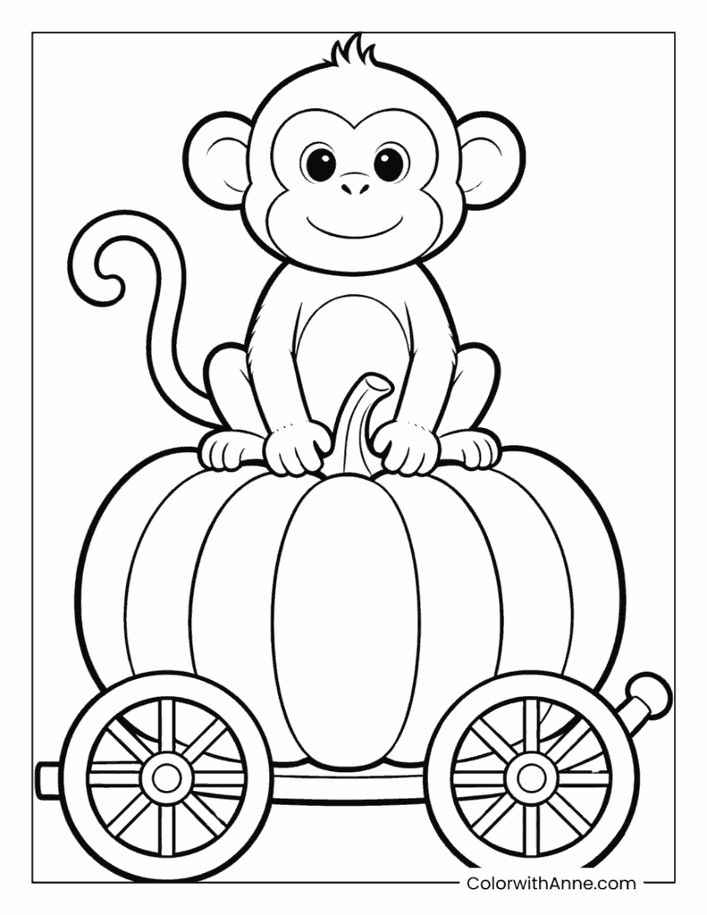 Monkey on a Pumpkin Car Coloring Page