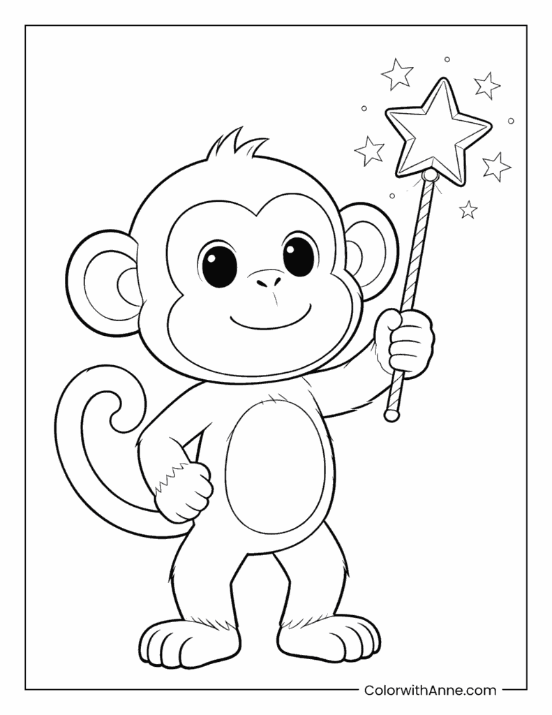 Monkey the Magician with Magic Wand Coloring Page