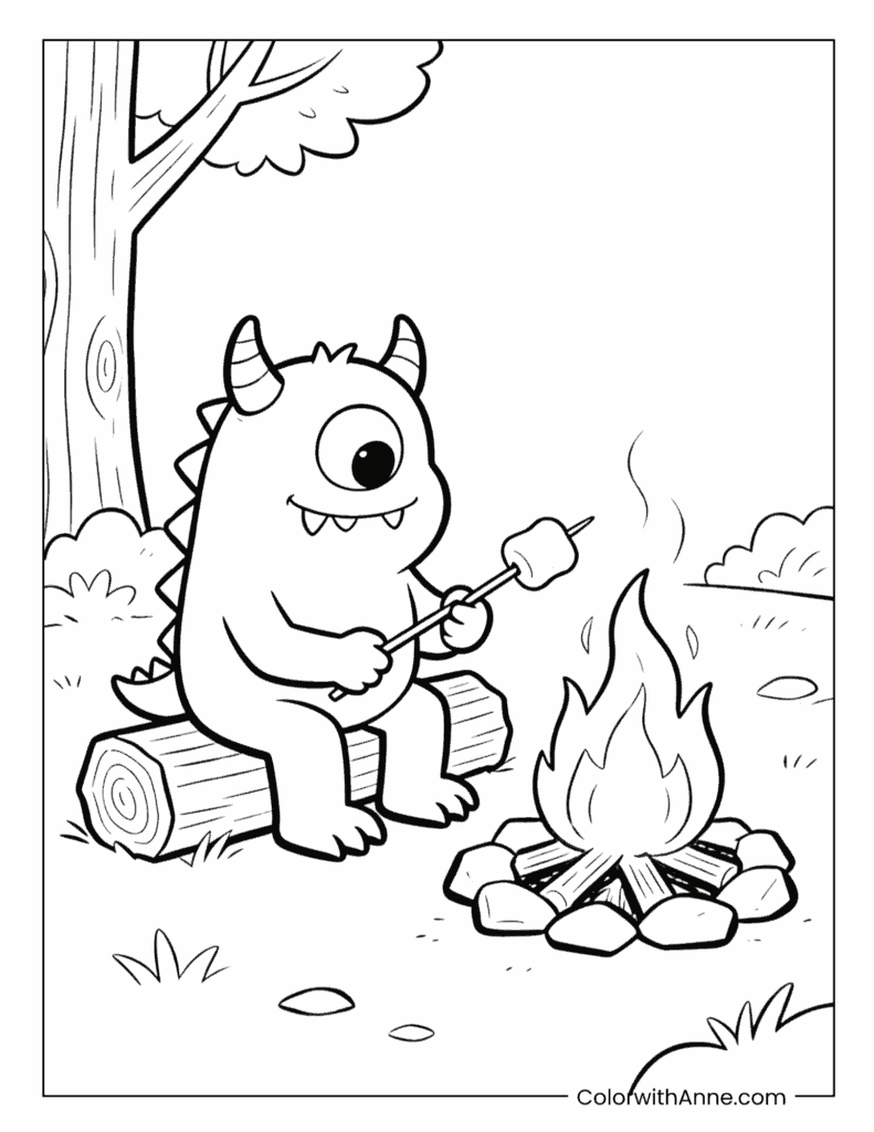 Monster Roasting Marshmallows at a Campfire Coloring Page